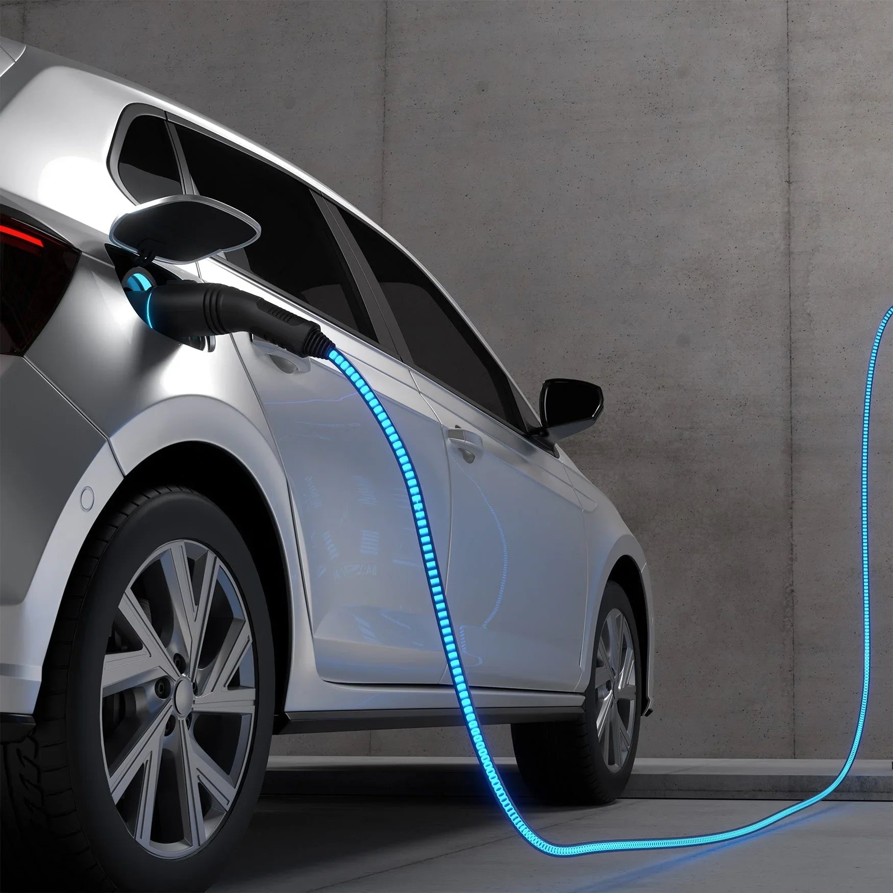 Electric car charging at wall-mounted station with illuminated blue charging cable