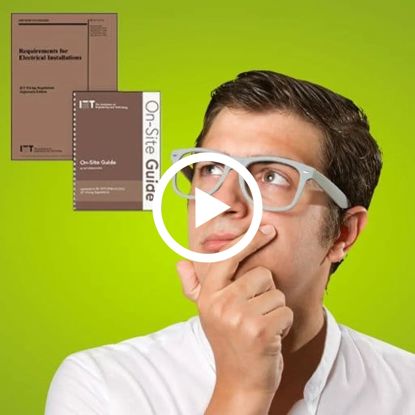 Man thinking with on-site electrical installation guides, green background, video play icon