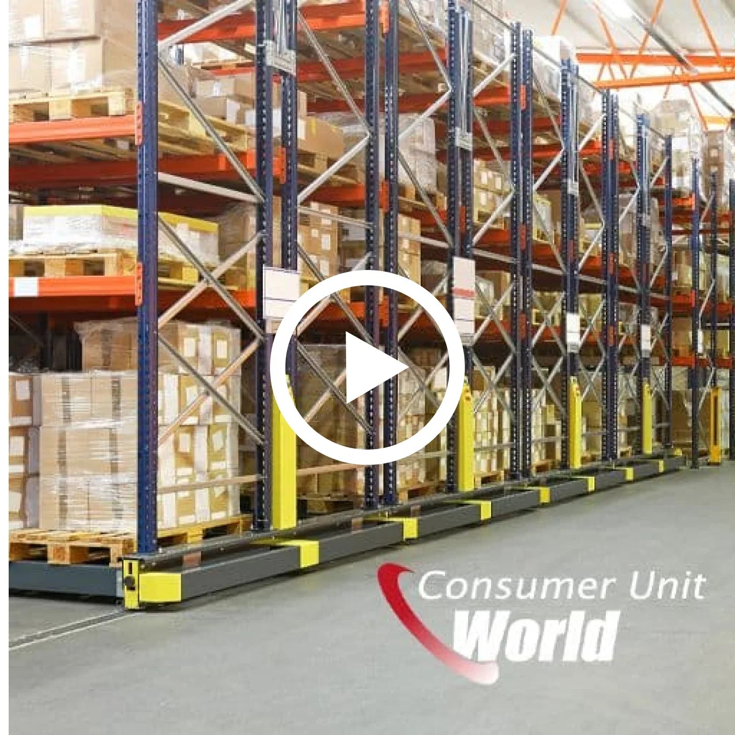 Warehouse racks filled with boxed electrical units and circuit protection devices