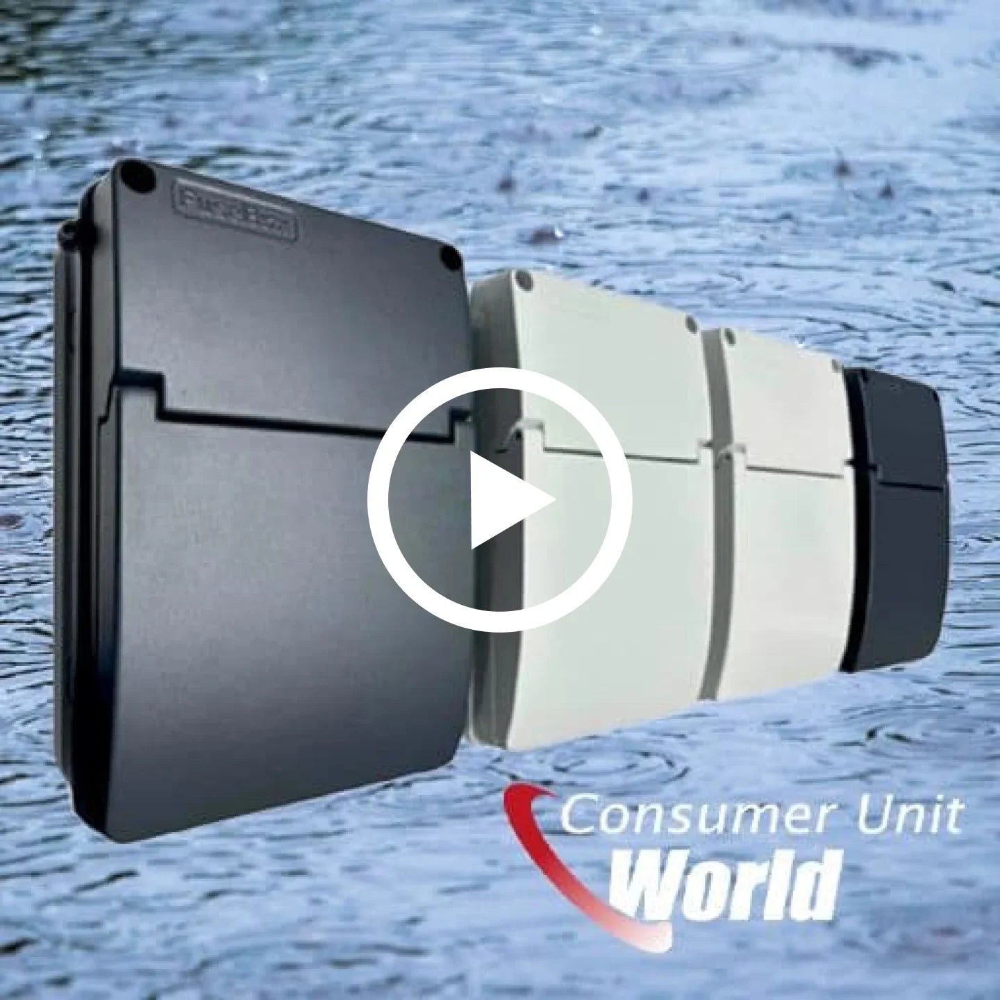 Weatherproof consumer units and fuseboards displayed with water-resistant background