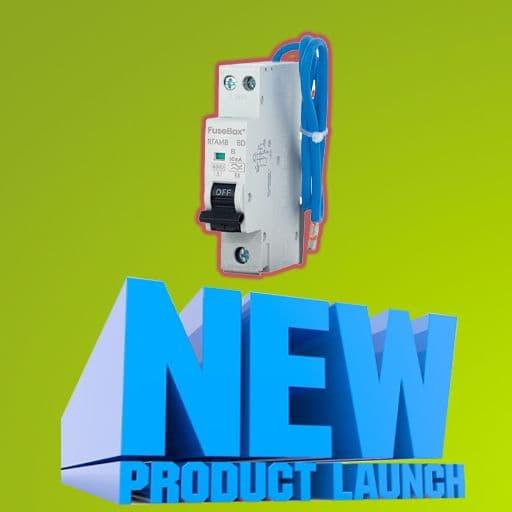 New product launch of a FuseBox RCBO circuit breaker on green background