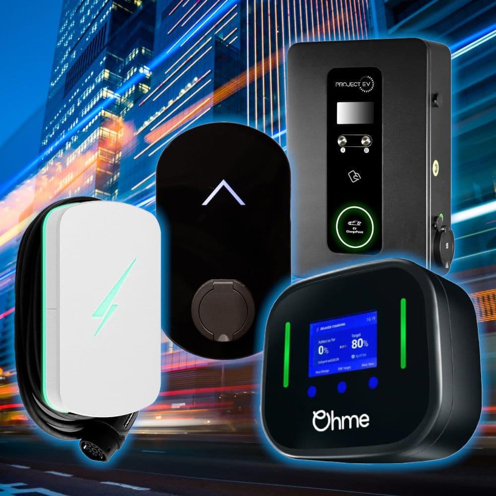Modern electric vehicle charging stations with digital displays, city background, circuit protection