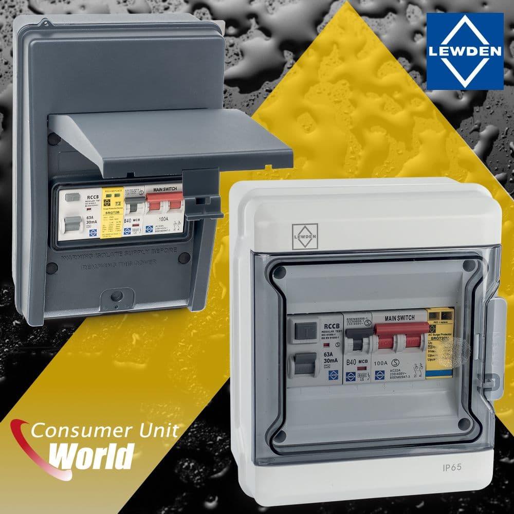 IP65 weatherproof consumer unit with RCCB and main switch, wall mounted, outdoor use