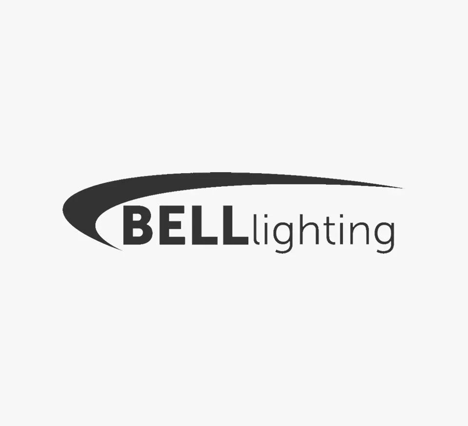 BELL lighting logo in black text with swoosh design on white background