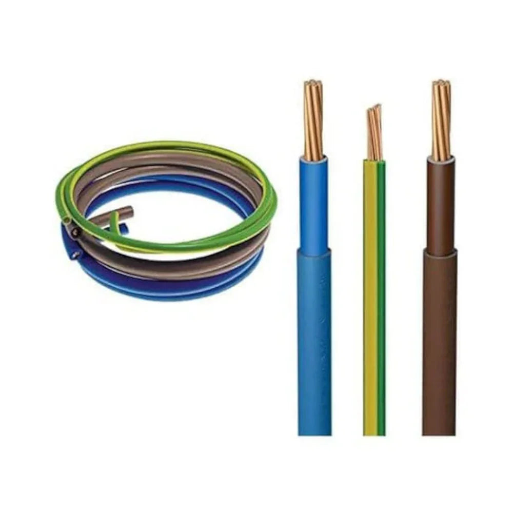 Electrical wires for consumer units in blue, brown, and green/yellow insulation