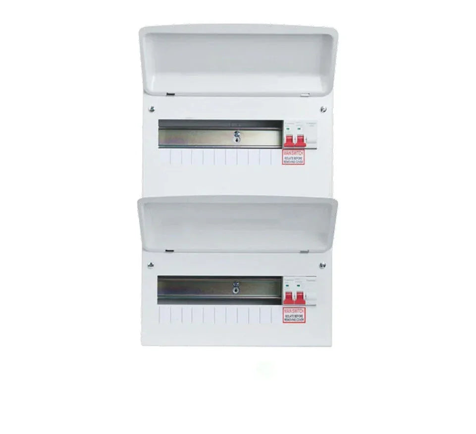 Dual tariff consumer units with open covers and circuit breakers, white background