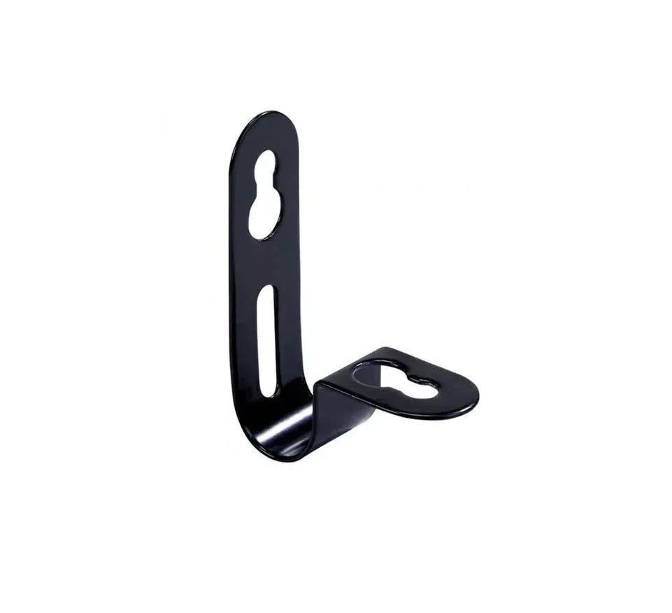 Black metal L-shaped fixing bracket with mounting holes for consumer unit installation