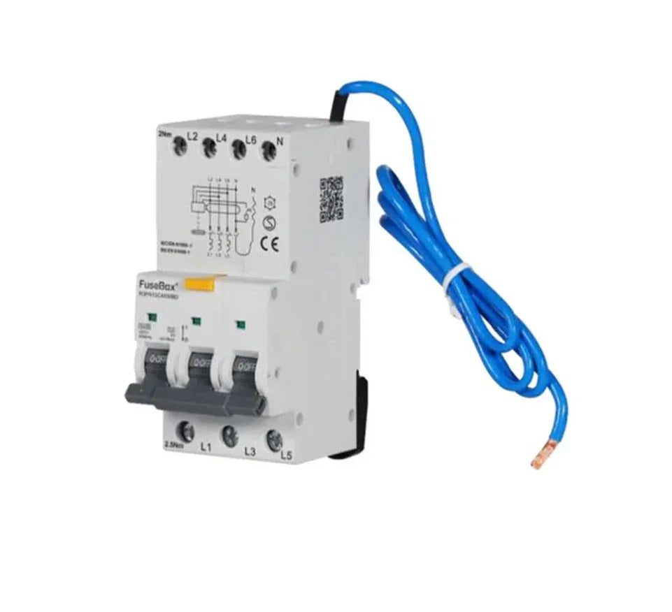 Three-phase RCBO circuit breaker with blue neutral wire for electrical protection