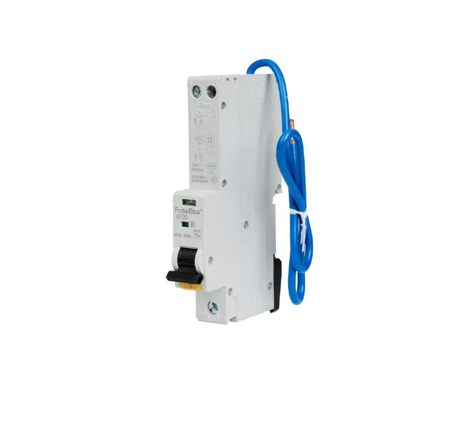 Single FuseBox AFDD circuit breaker with blue cable for consumer unit protection