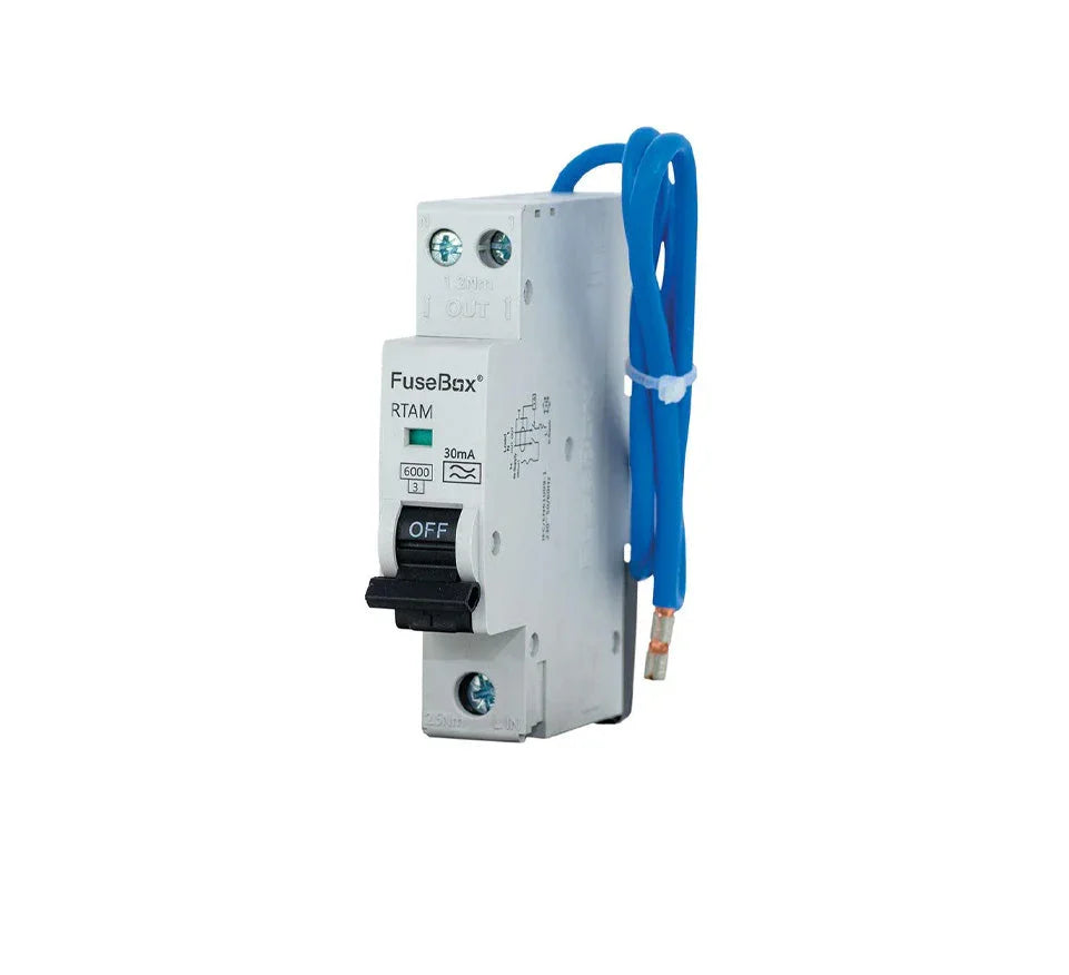 Single-pole RCBO circuit breaker with blue wire, electrical safety switch