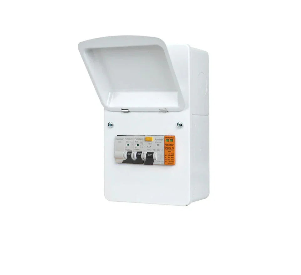 White EV distribution board with open lid and labelled circuit breakers