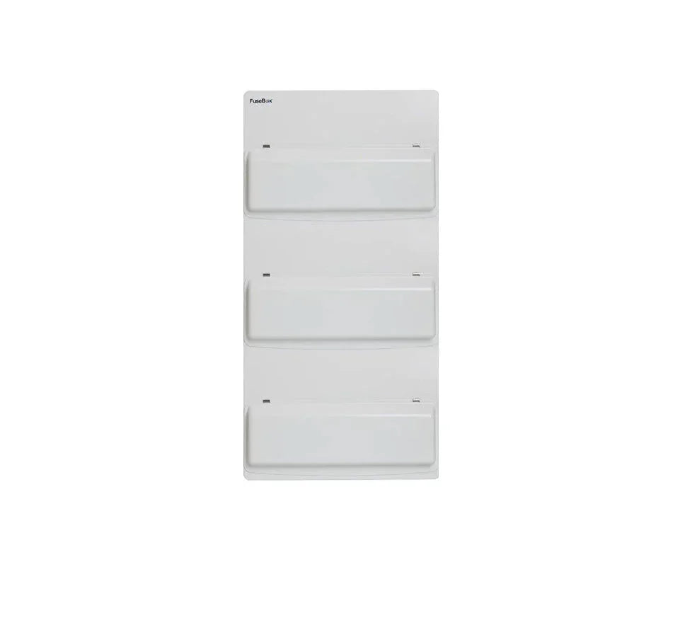 Three-row white RCBO consumer unit main switch fuse box on white background