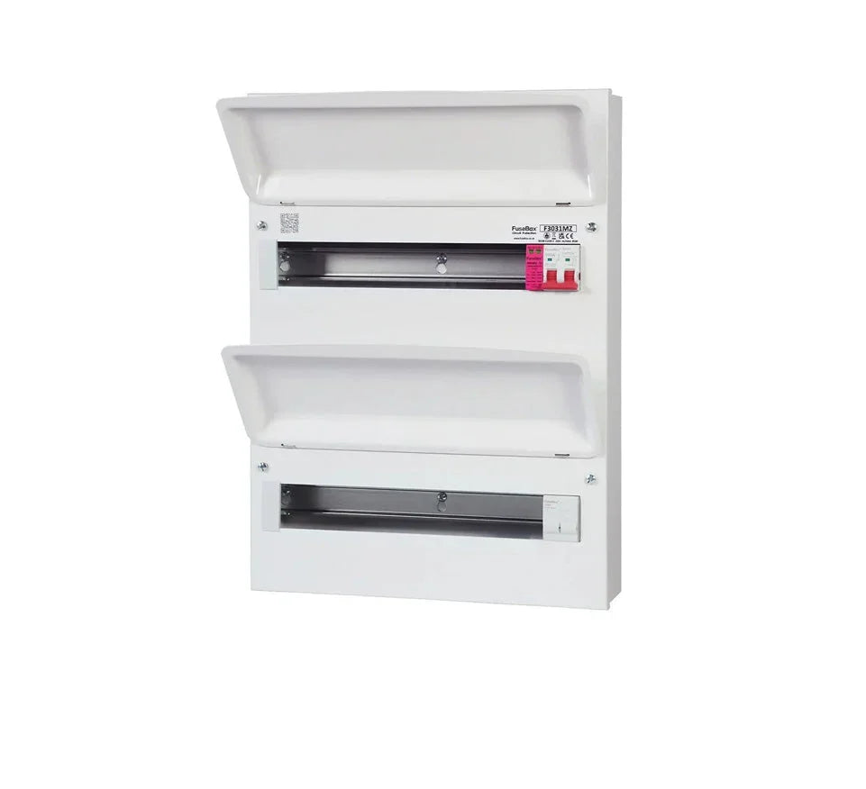 Dual row white consumer unit with open covers, RCBO switch and surge protection visible