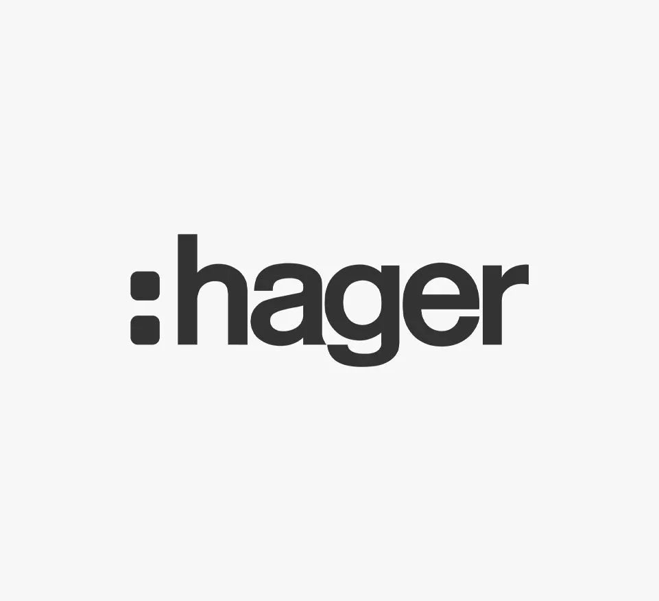 Hager logo in black text on a white background, electrical brand visual