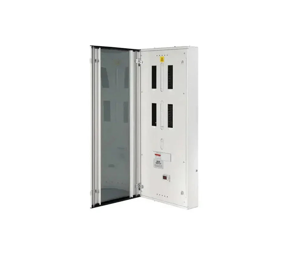125A TPN commercial distribution board with glazed door, wall-mounted, white finish
