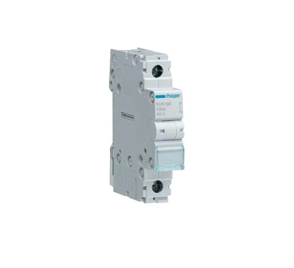 Single pole 100A circuit breaker, white, with visible terminals and switch lever for consumer units