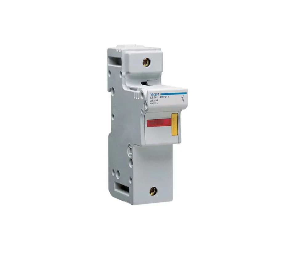 Single pole switched isolator for consumer unit or fuseboard, grey with visible switch.