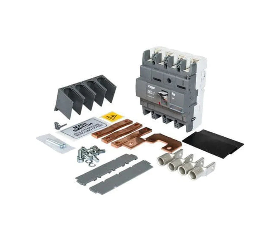 Three phase consumer unit kit with circuit breaker, copper busbars, connectors, and mounting hardware.