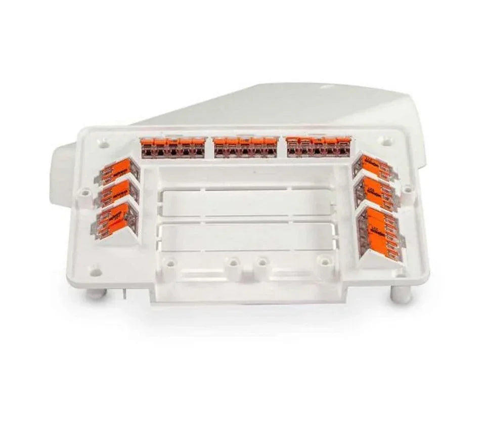 White electrical junction box base with multiple orange wire connectors