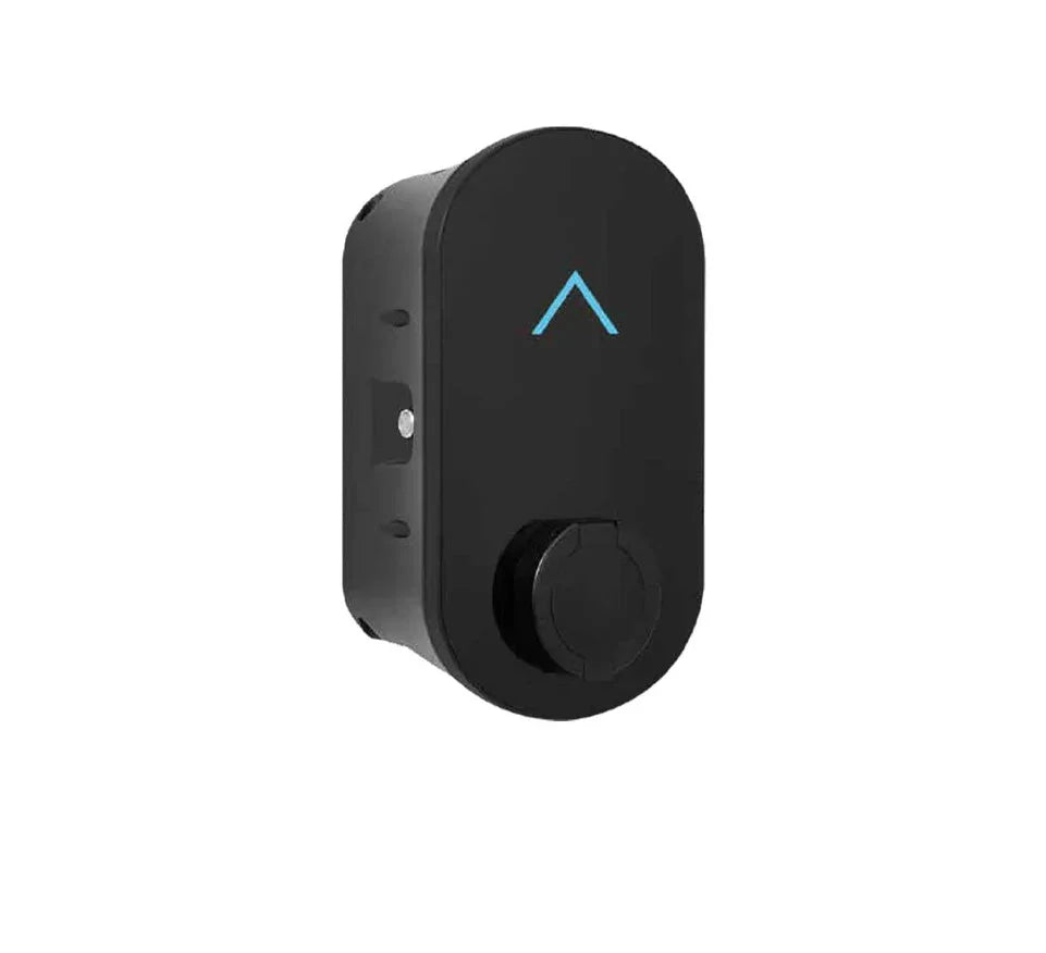 Modern black EV charger with blue LED indicator and single charging port
