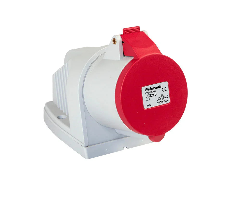 Industrial electrical socket outlet with red cover, surface mount, suitable for 32A connections