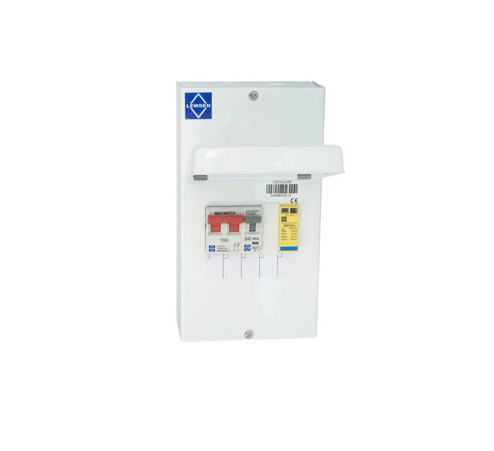 Lewden surge protection device in white consumer unit with main switch and MCBs