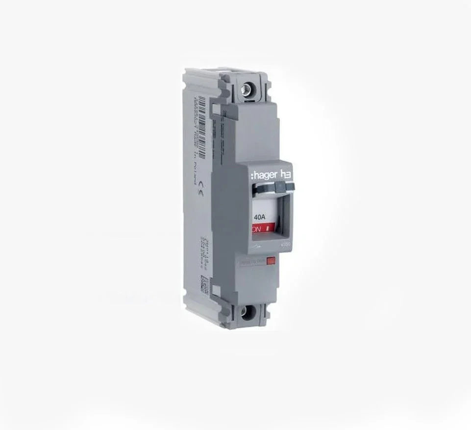 Single pole miniature circuit breaker 40A, grey casing, isolated on white background