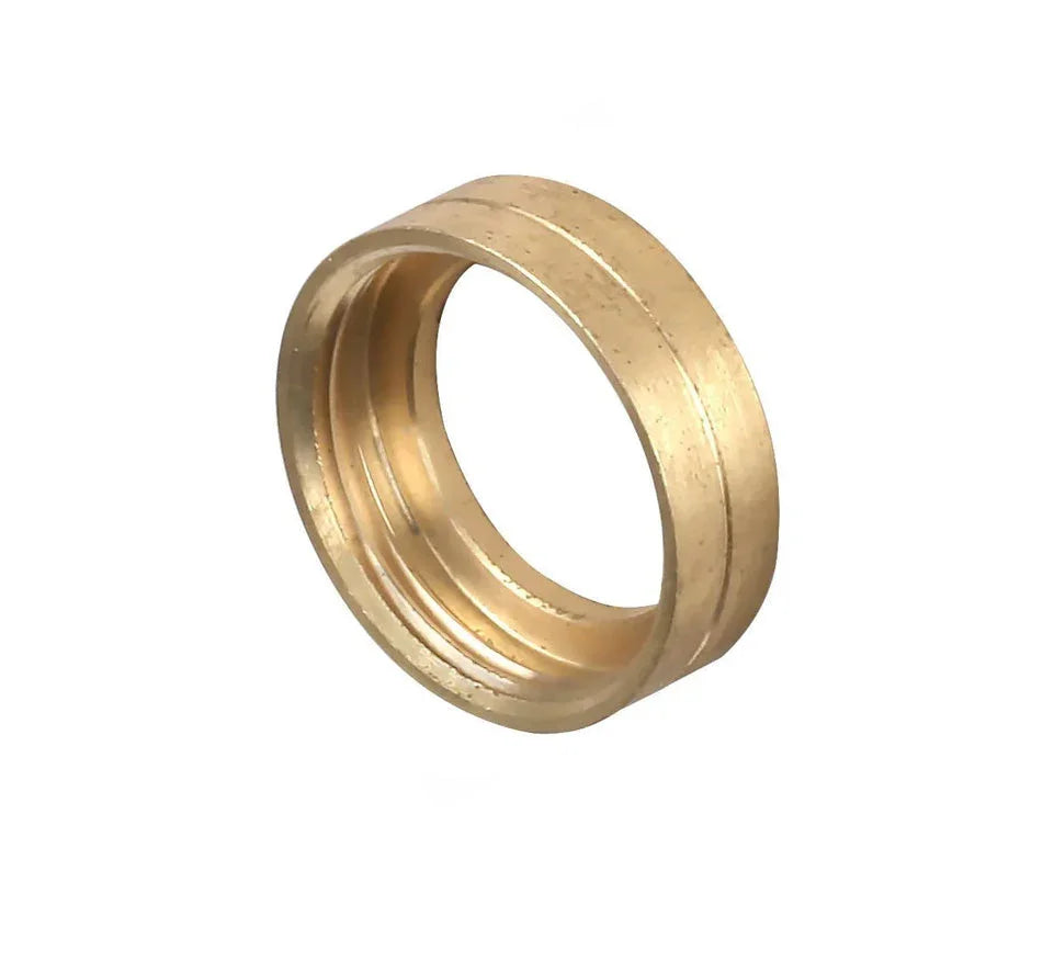 Brass steel conduit locknut fitting for electrical cabling on white background