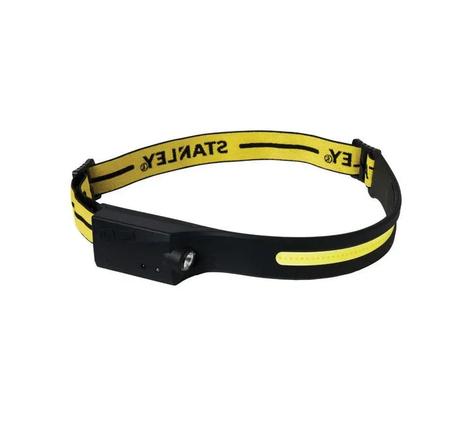 Adjustable LED headlamp with yellow Stanley-branded strap for electrical work and tools