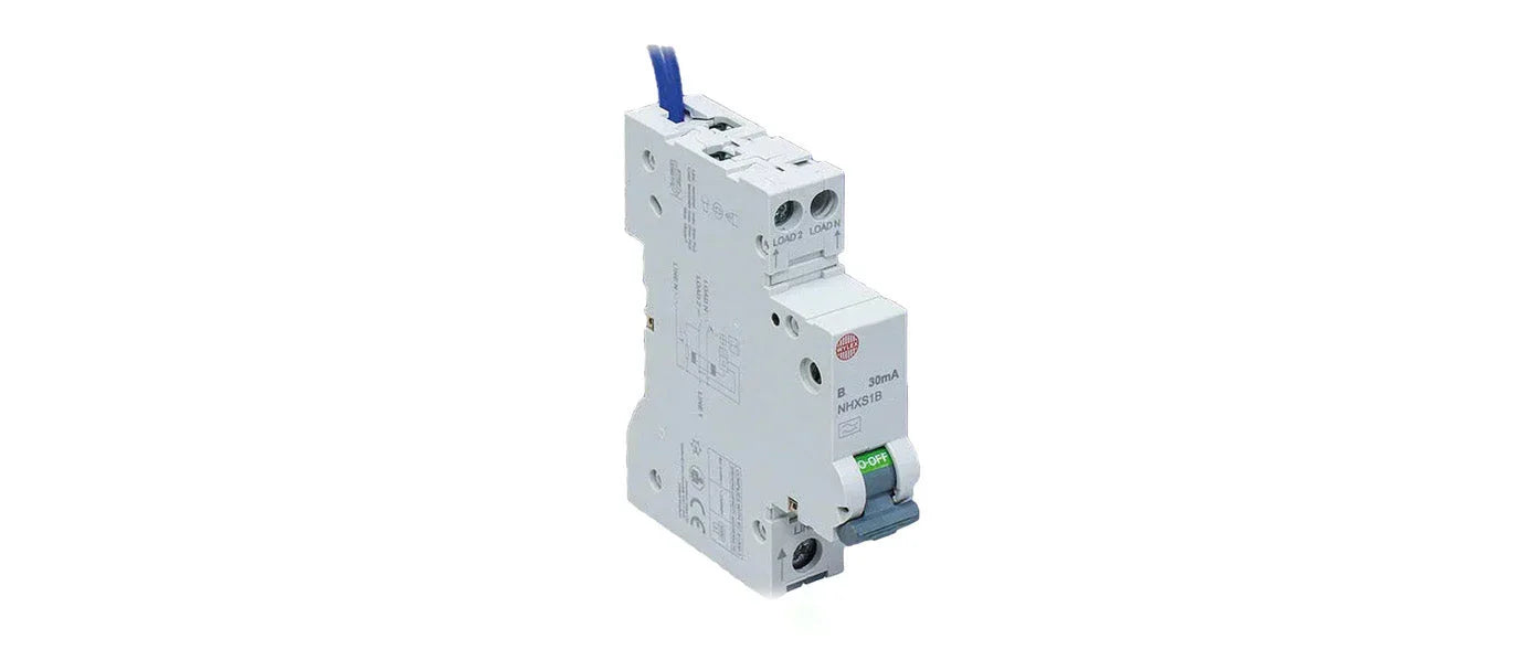 Single pole residual current circuit breaker RCCB with switch lever and wiring, isolated on white background