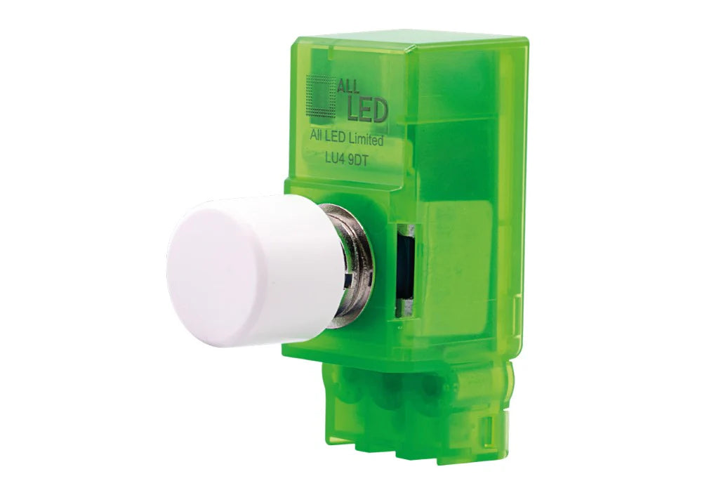 Green LED light bulb adapter on a white background