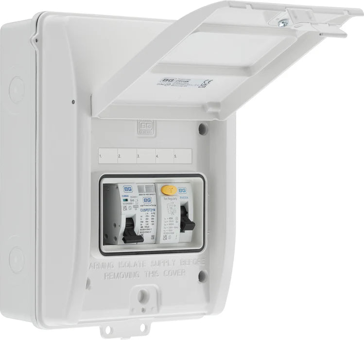 White electrical panel box with a clear cover on a white background
