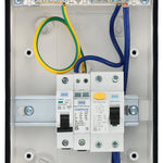 Electrical panel with wires and circuit breakers on a white background