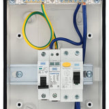Electrical panel with wires and circuit breakers on a white background