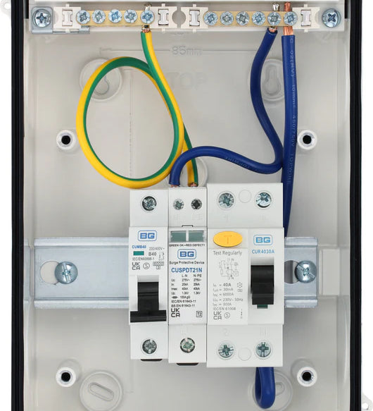 Electrical panel with wires and circuit breakers on a white background