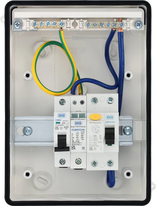 Electrical panel with wires and circuit breakers on a white background