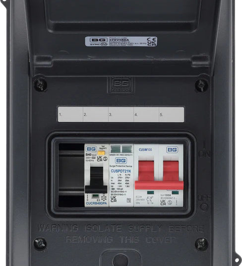 Electrical panel with visible branding on a white background