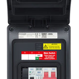 Electrical panel with visible switches and labels on a white background