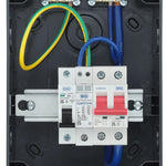 Electrical panel with wires and circuit breaker on a black background