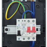Electrical panel with wires and circuit breaker on a black background