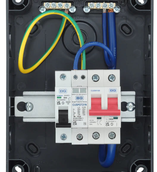 Electrical panel with wires and circuit breaker on a black background