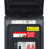 Electrical panel with various labels and switches on a white background