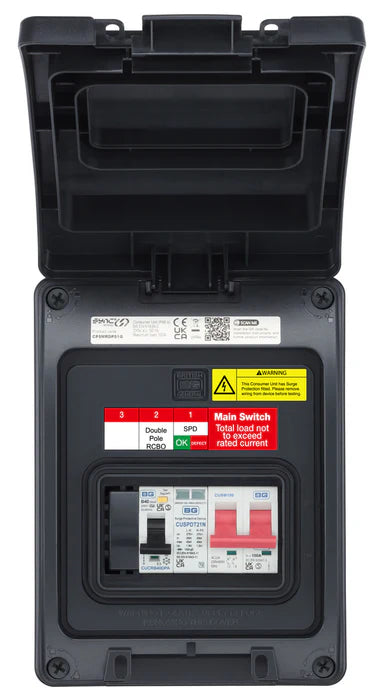 Electrical panel with various labels and switches on a white background