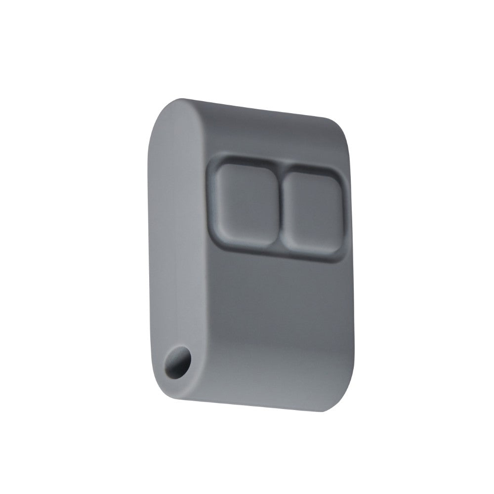Gray plastic component with two square holes on a white background
