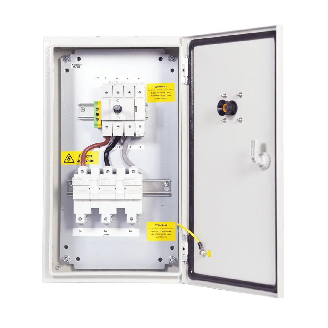 Electrical panel with open door on a white background