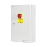 White electrical panel with a warning label on a white background