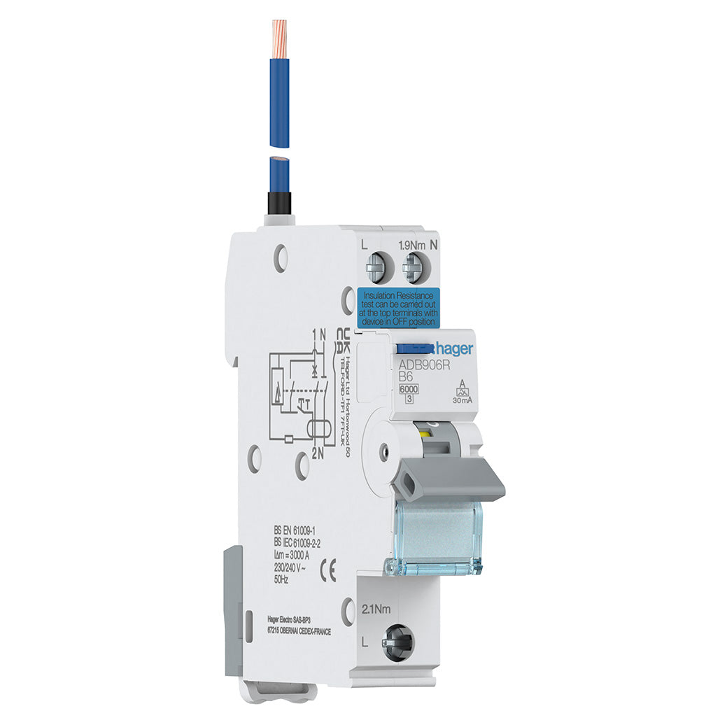 Electrical circuit breaker with Hager branding on a white background