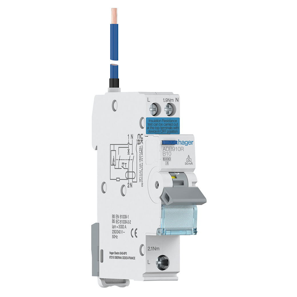 Electrical circuit breaker with Hager branding on a white background