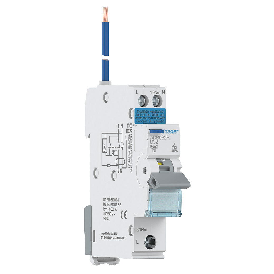 Electrical circuit breaker with Hager branding on a white background