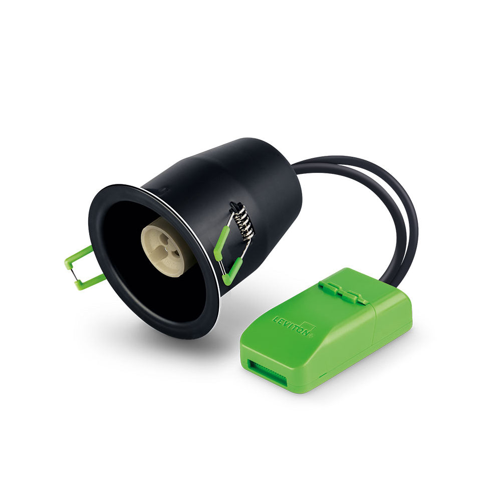 Black electrical plug with green connector on a white background